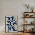 Blue Petal Vine Canvas Art - Vertical – Oak Floating Frame in room setting