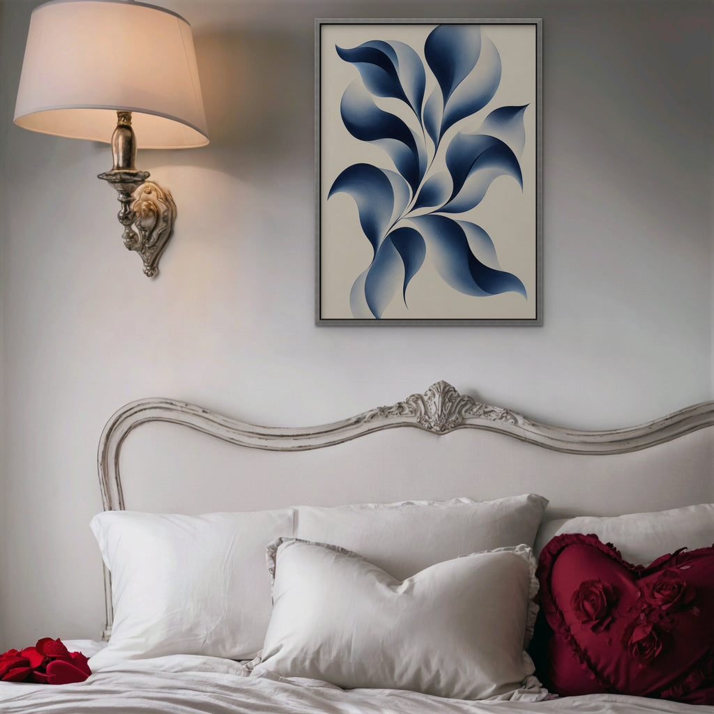 Blue Petal Vine Canvas Art - Vertical – Silver Floating Frame in room setting