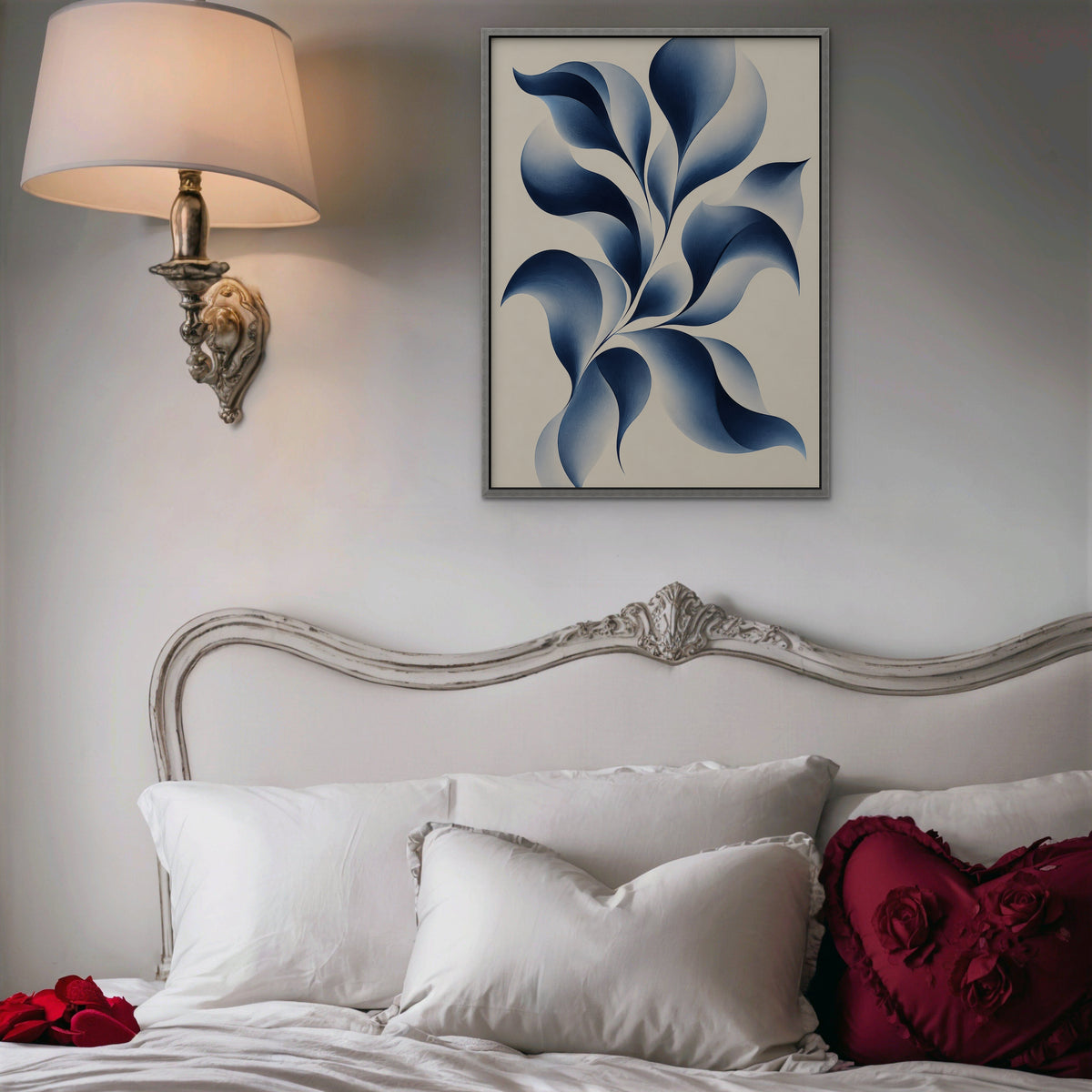 Blue Petal Vine Canvas Art - Vertical – Silver Floating Frame in room setting