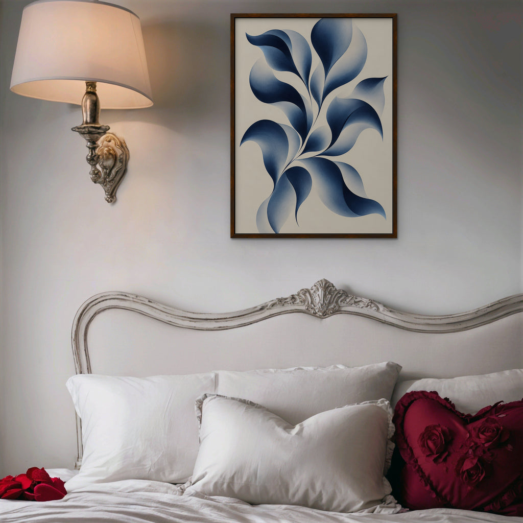 Blue Petal Vine Canvas Art - Vertical – Walnut Floating Frame in room setting