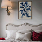 Blue Petal Vine Canvas Art - Vertical – Walnut Floating Frame in room setting