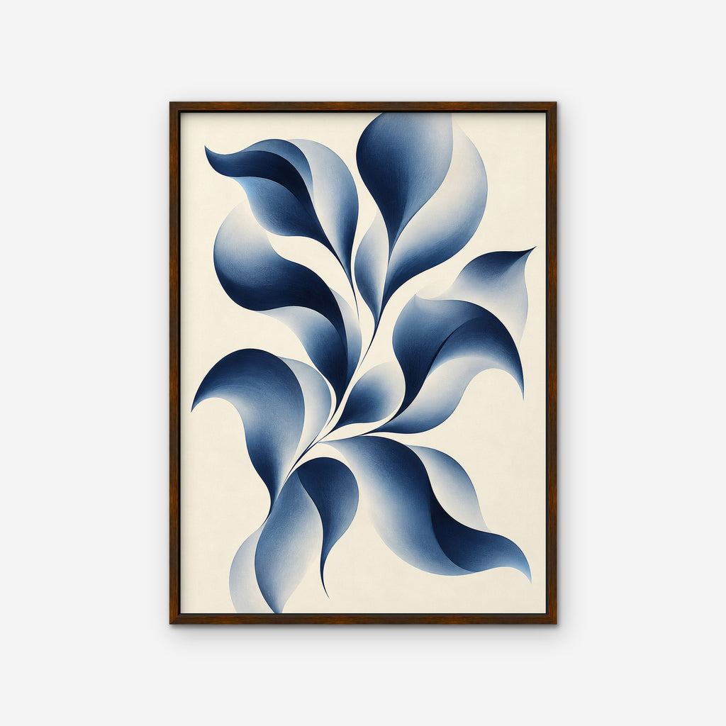Blue Petal Vine Canvas Art - Vertical – Walnut Floating Frame on white background