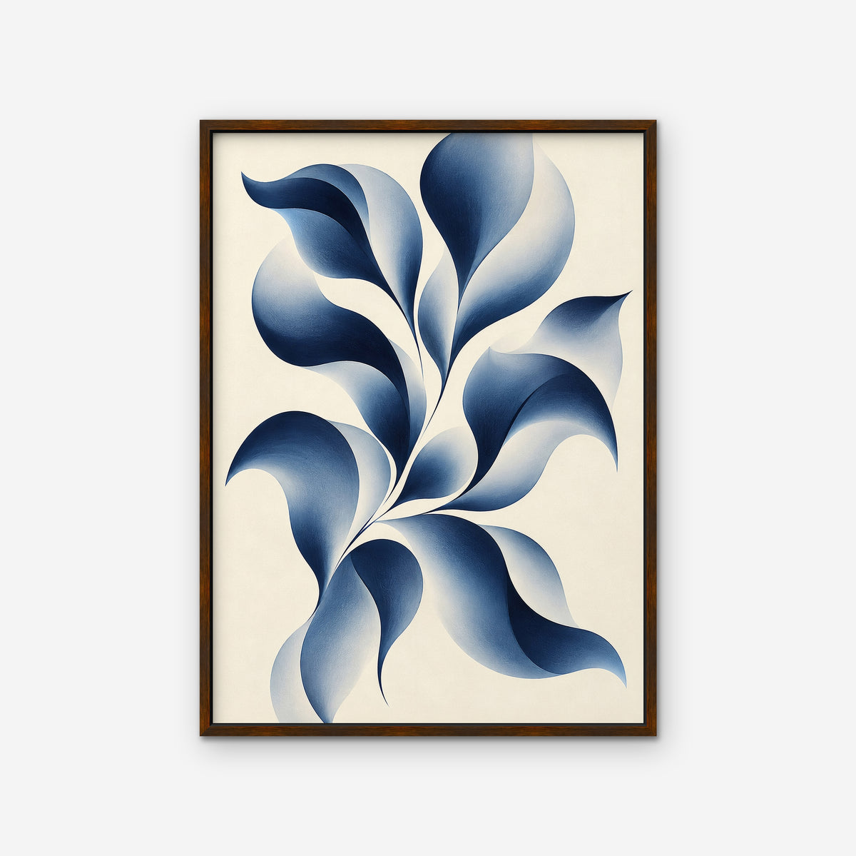 Blue Petal Vine Canvas Art - Vertical – Walnut Floating Frame on white background