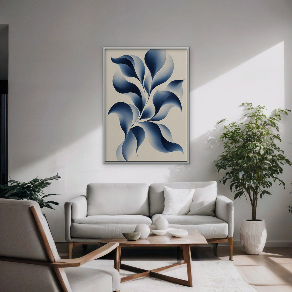 Blue Petal Vine Canvas Art - Vertical – White Floating Frame in room setting