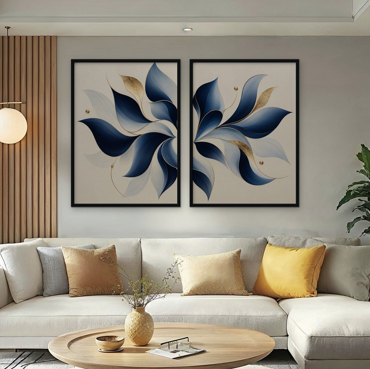 Blue Pinwheel Leaves Canvas Art - Set of 2 – Black Floating Frame in room setting