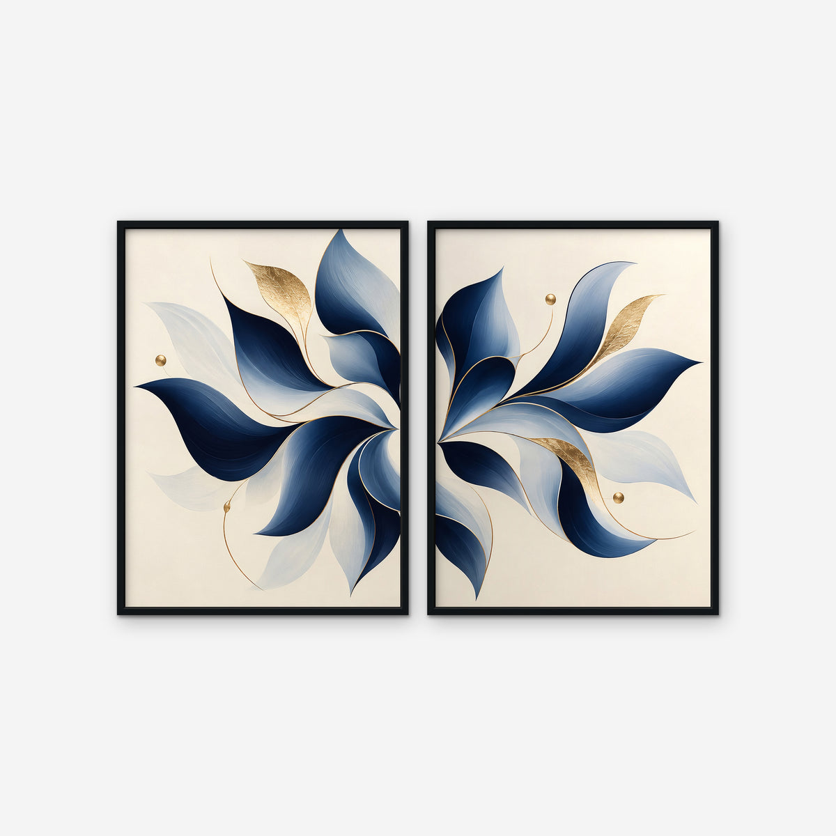 Blue Pinwheel Leaves Canvas Art - Set of 2 – Black Floating Frame on white background