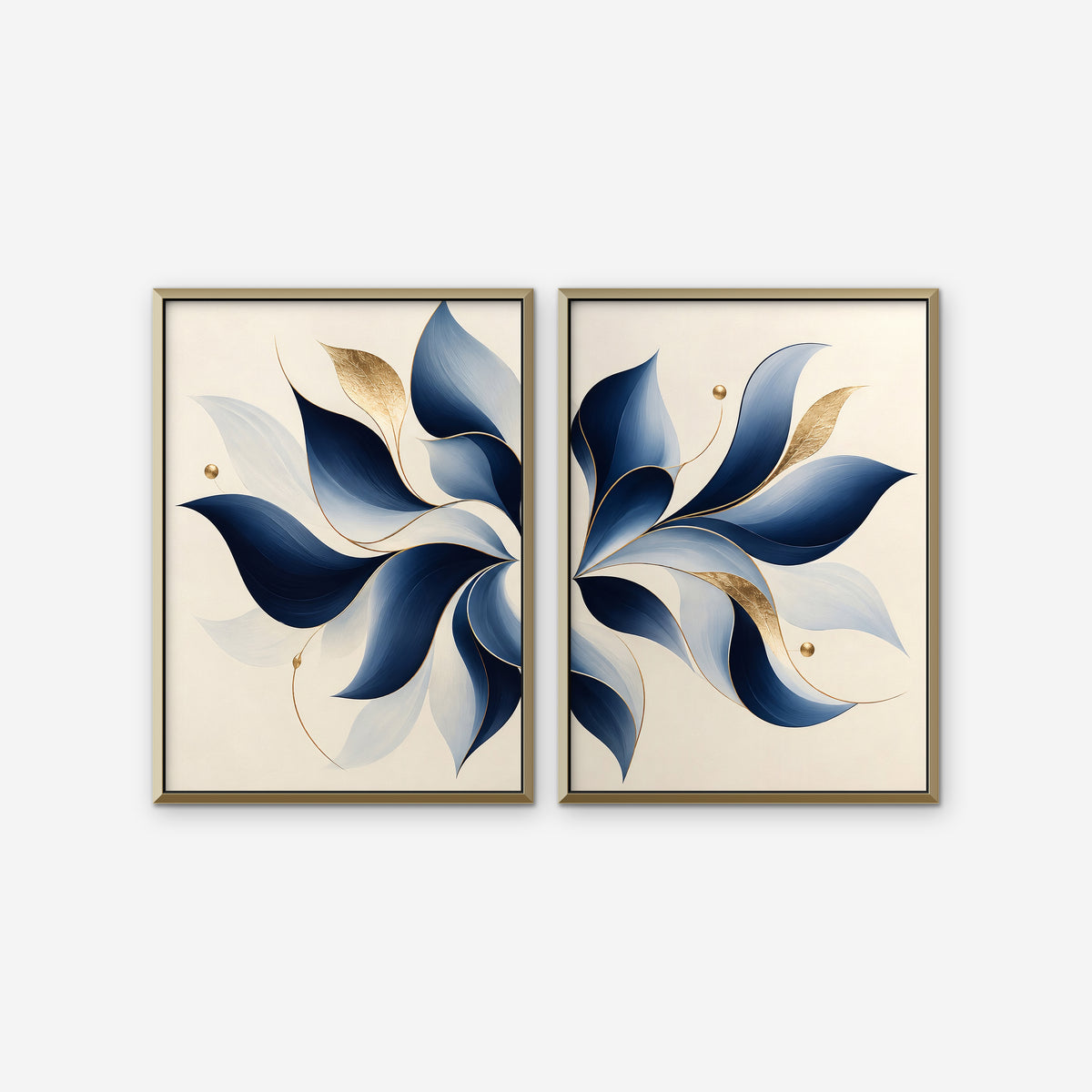 Blue Pinwheel Leaves Canvas Art - Set of 2 – Gold Floating Frame on white background