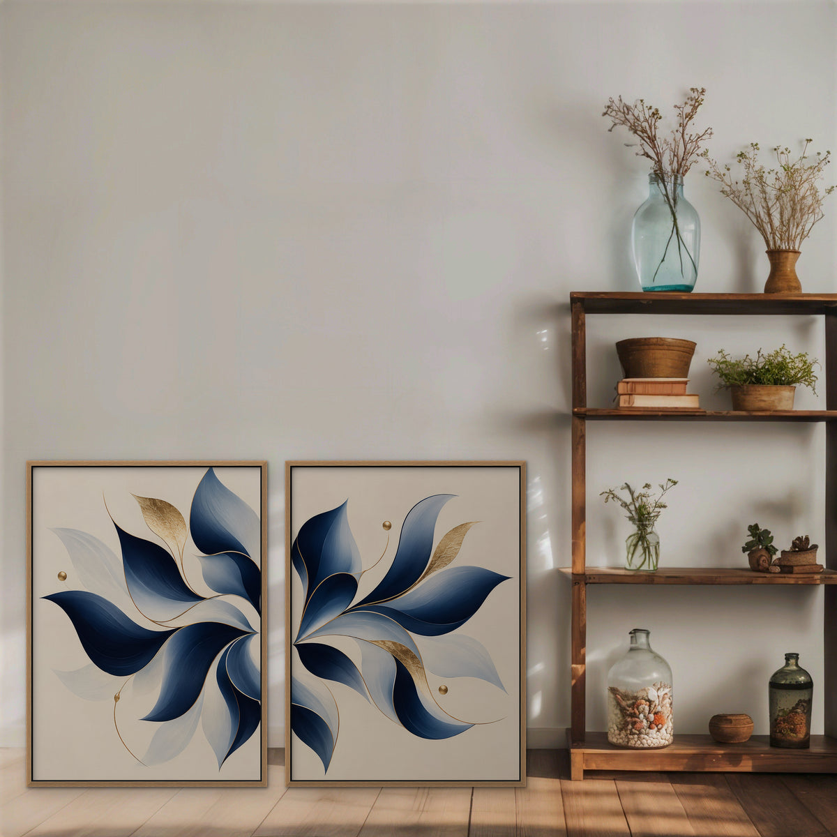 Blue Pinwheel Leaves Canvas Art - Set of 2 – Oak Floating Frame in room setting