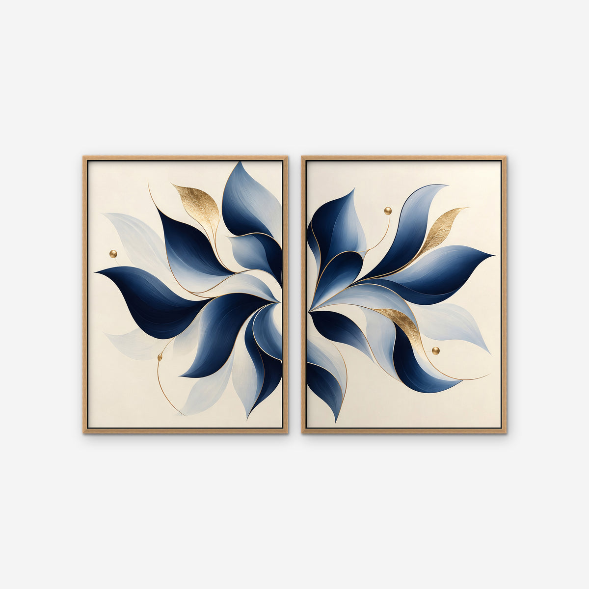 Blue Pinwheel Leaves Canvas Art - Set of 2 – Oak Floating Frame on white background
