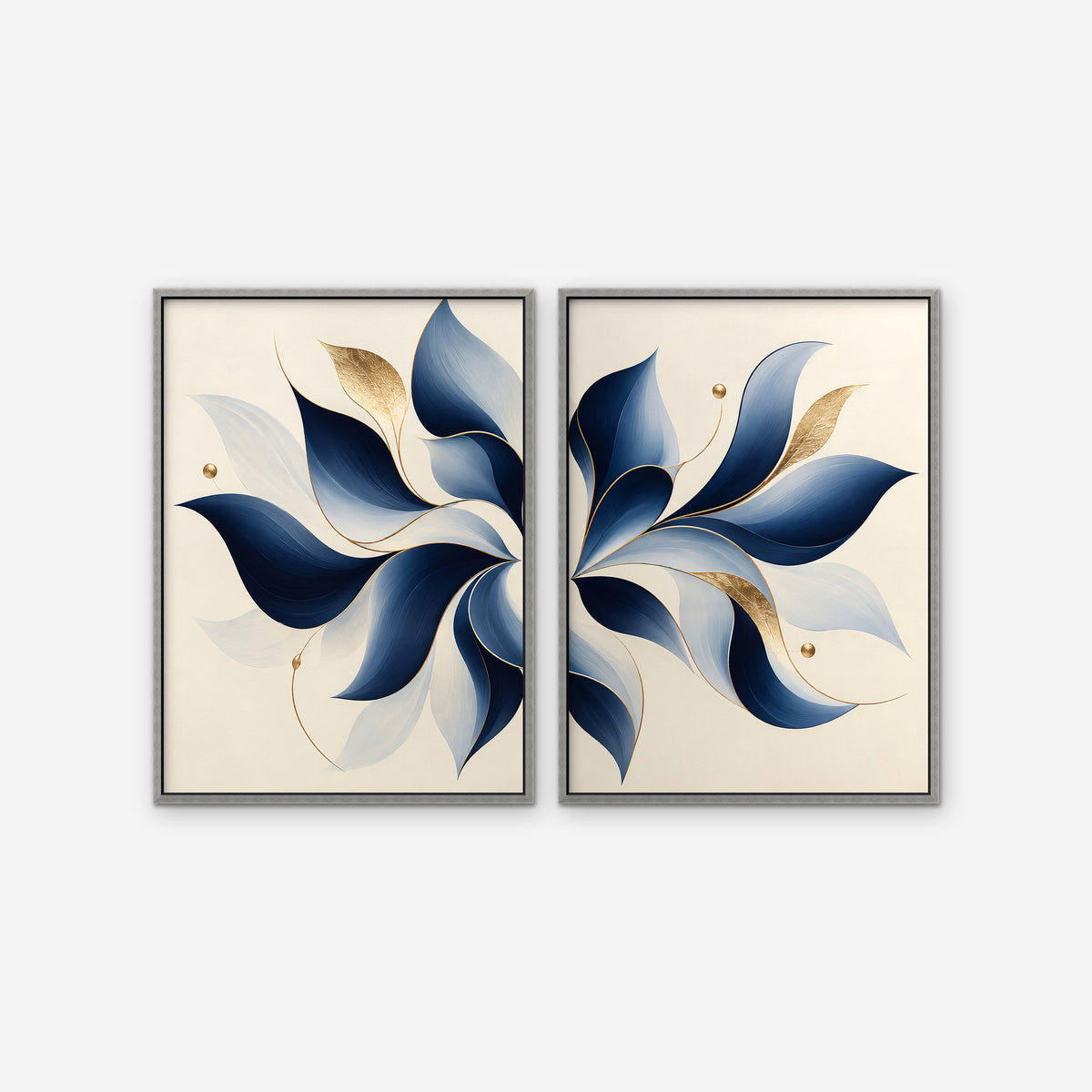 Blue Pinwheel Leaves Canvas Art - Set of 2 – Silver Floating Frame on white background