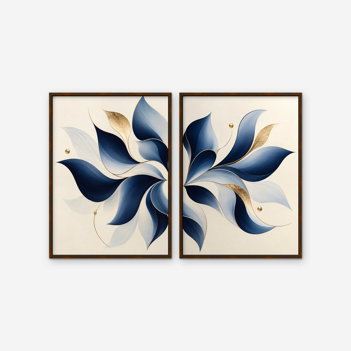 Blue Pinwheel Leaves Canvas Art - Set of 2 – Walnut Floating Frame on white background
