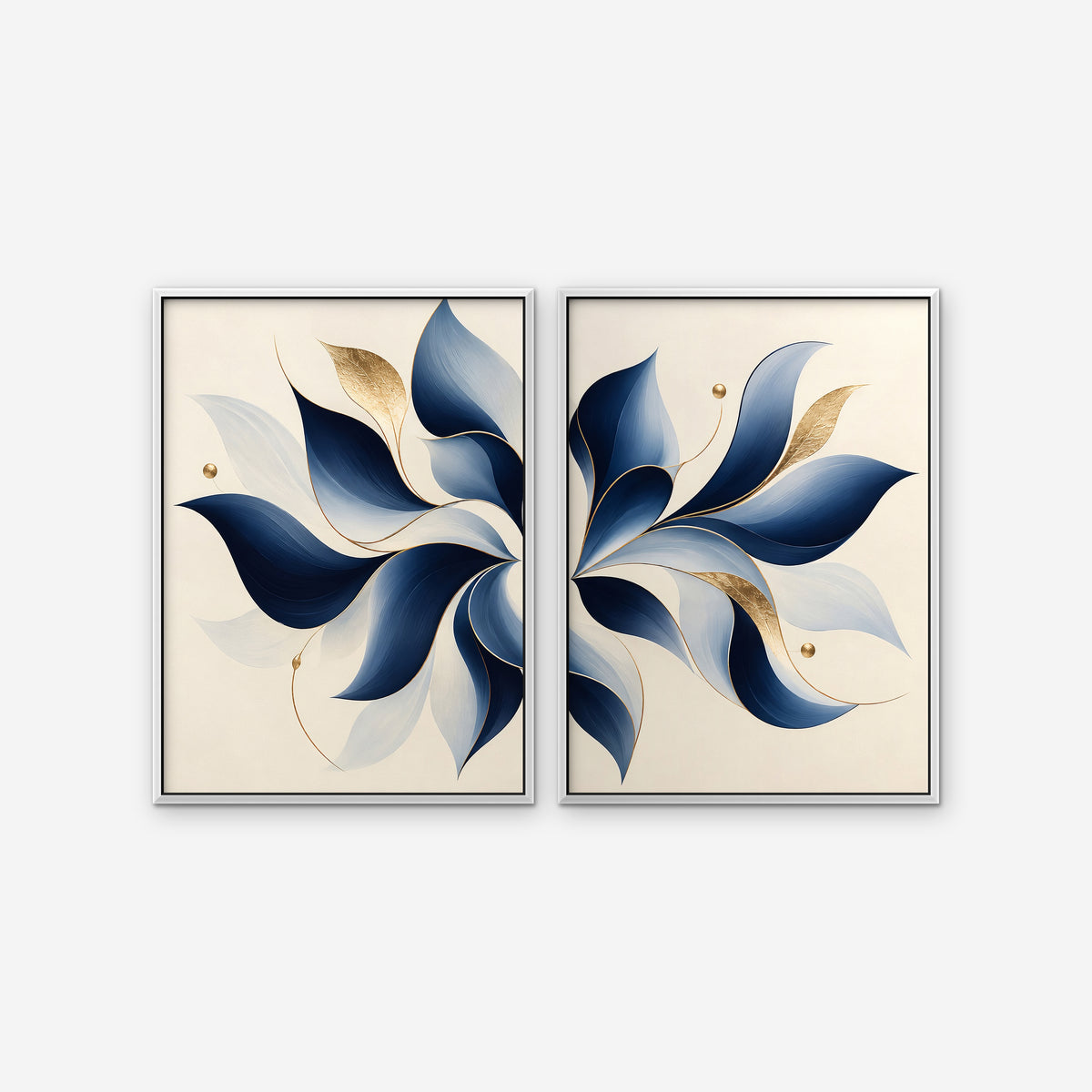 Blue Pinwheel Leaves Canvas Art - Set of 2 – White Floating Frame on white background