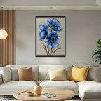 Blue Poppies Canvas Art - Vertical – Black Floating Frame in room setting