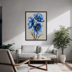 Blue Poppies Canvas Art - Vertical – Black Floating Frame in room setting