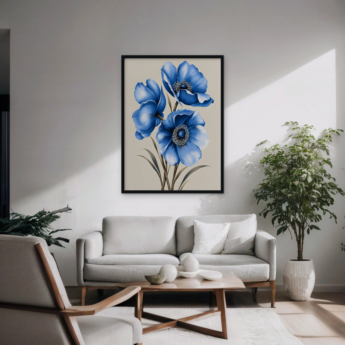 Blue Poppies Canvas Art - Vertical – Black Floating Frame in room setting