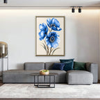 Blue Poppies Canvas Art - Vertical – Gold Floating Frame in room setting