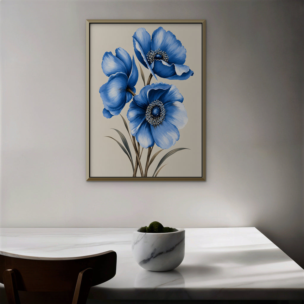 Blue Poppies Canvas Art - Vertical – Gold Floating Frame in room setting