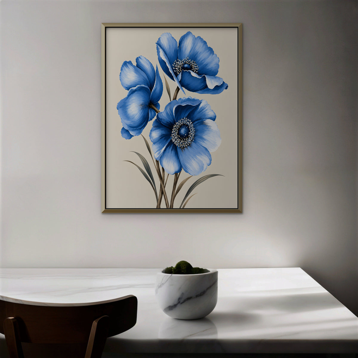 Blue Poppies Canvas Art - Vertical – Gold Floating Frame in room setting