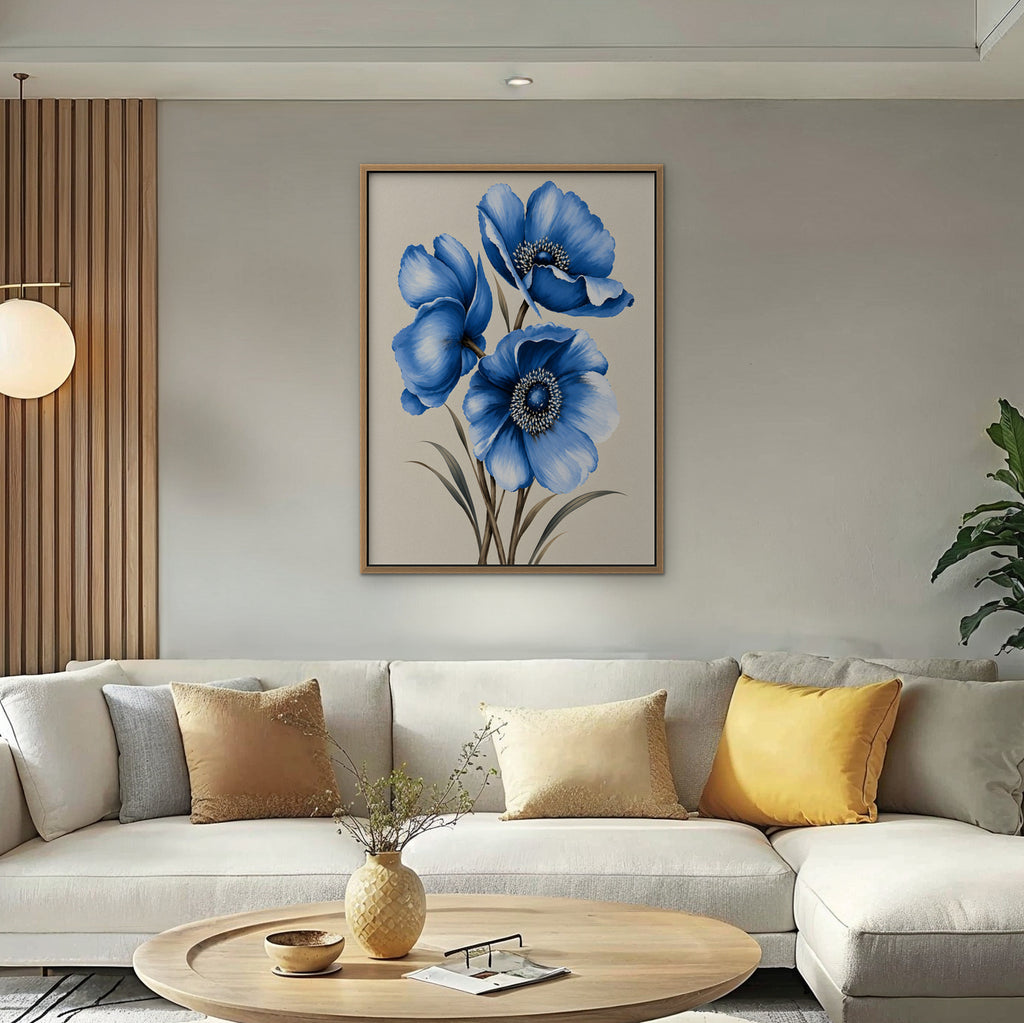 Blue Poppies Canvas Art - Vertical – Oak Floating Frame in room setting
