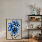 Blue Poppies Canvas Art - Vertical – Oak Floating Frame in room setting
