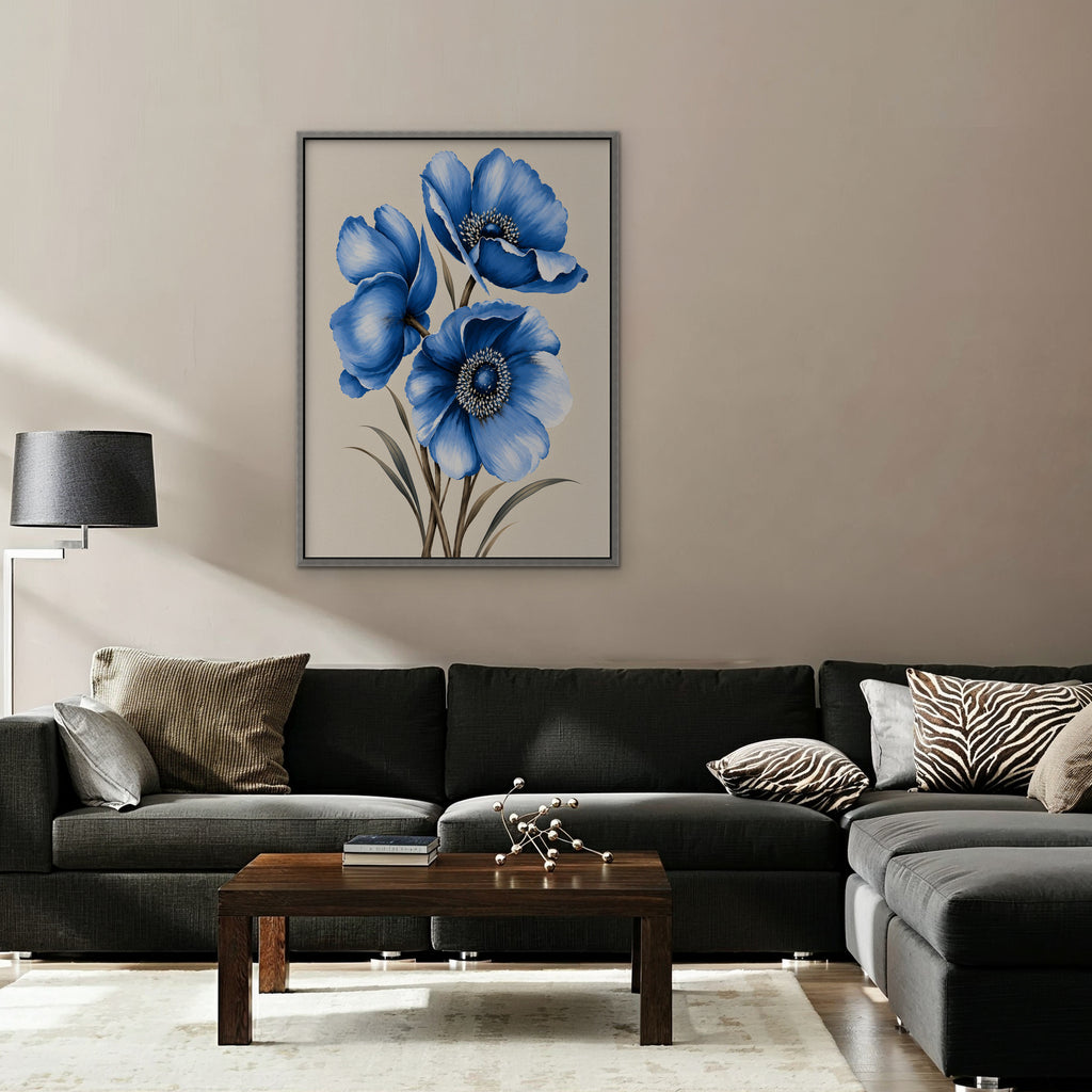 Blue Poppies Canvas Art - Vertical – Silver Floating Frame in room setting