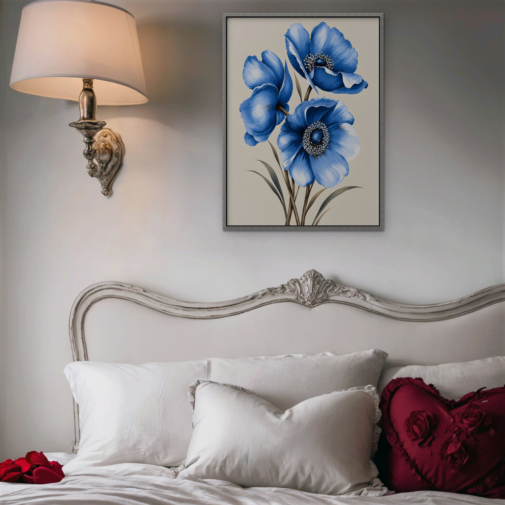 Blue Poppies Canvas Art - Vertical – Silver Floating Frame in room setting
