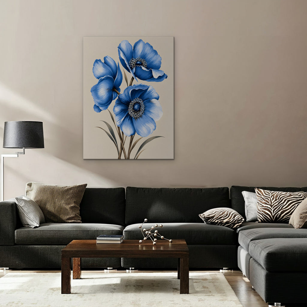 Blue Poppies Canvas Art - Vertical – Stretched Canvas Only in room setting