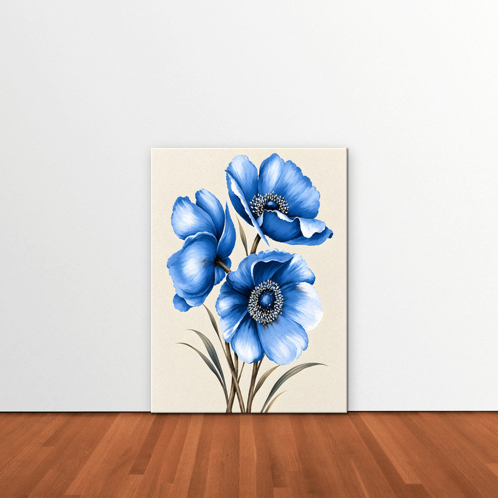 Blue Poppies Canvas Art - Vertical – Stretched Canvas Only in room setting