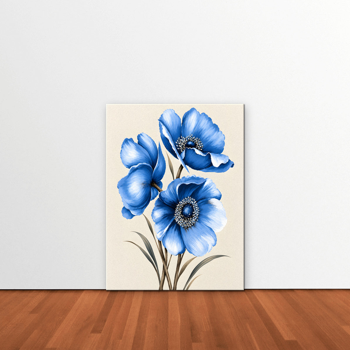 Blue Poppies Canvas Art - Vertical – Stretched Canvas Only in room setting