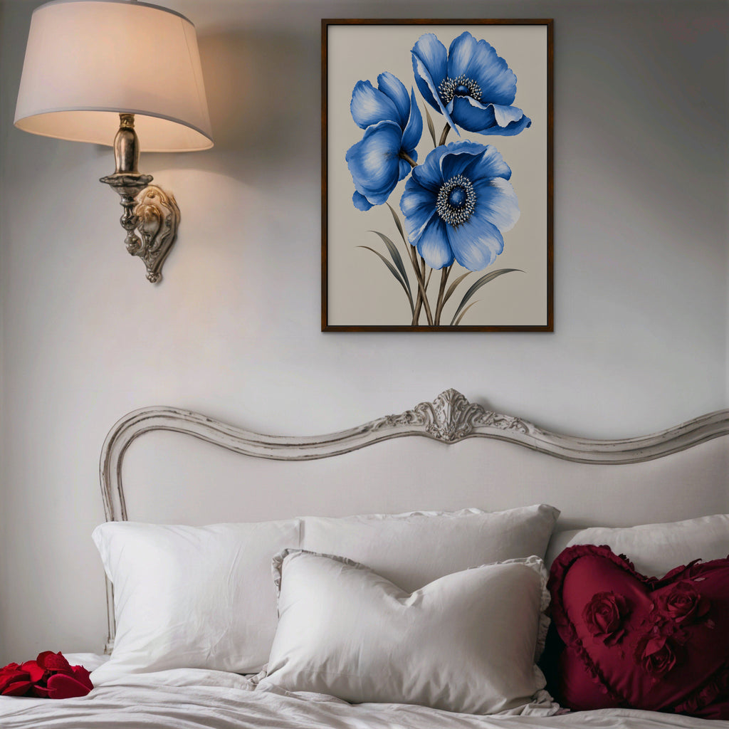 Blue Poppies Canvas Art - Vertical – Walnut Floating Frame in room setting
