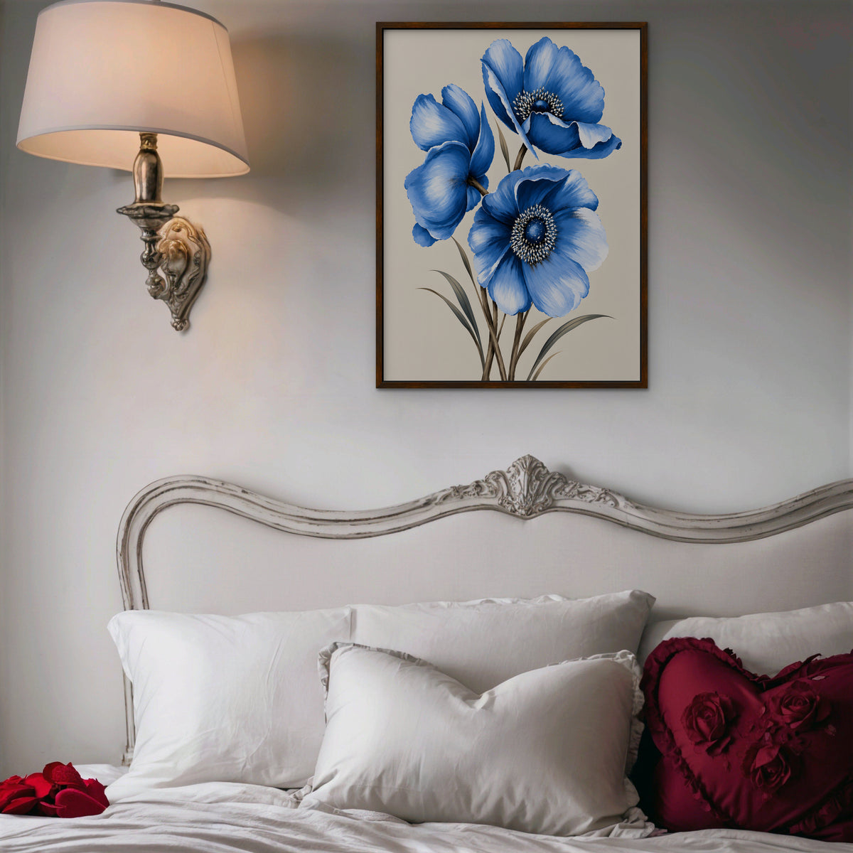 Blue Poppies Canvas Art - Vertical – Walnut Floating Frame in room setting