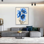 Blue Poppies Canvas Art - Vertical – White Floating Frame in room setting