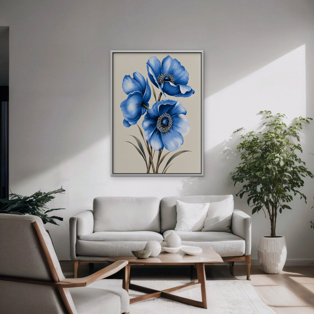 Blue Poppies Canvas Art - Vertical – White Floating Frame in room setting