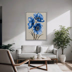 Blue Poppies Canvas Art - Vertical – White Floating Frame in room setting
