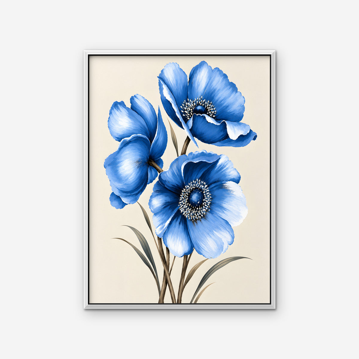 Blue Poppies Canvas Art - Vertical – White Floating Frame on white background