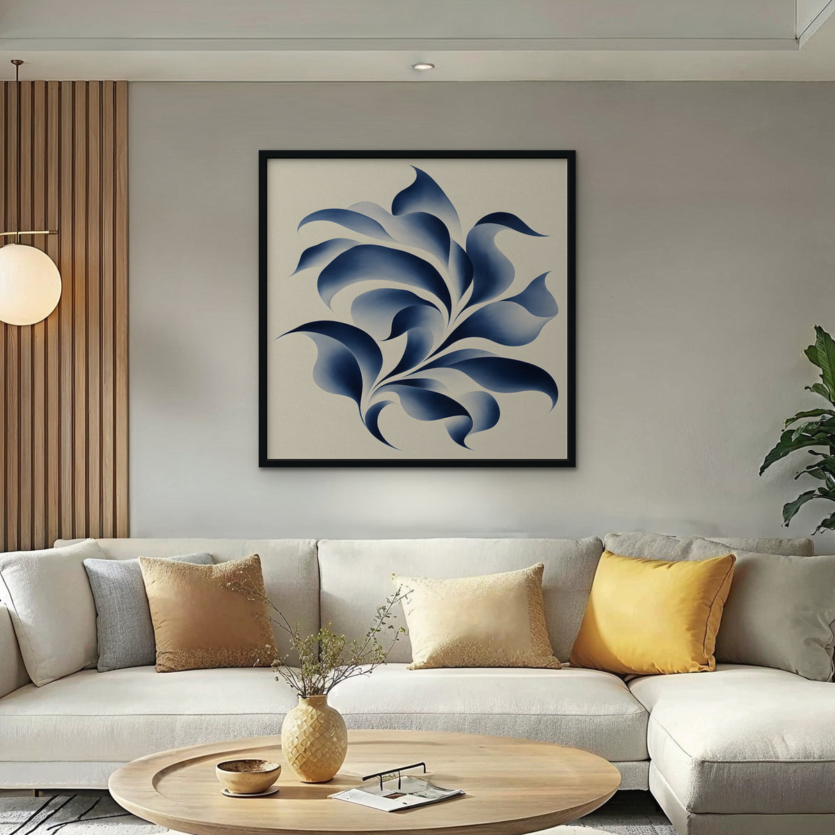 Blue Swirl Leaves Canvas Art - Square – Black Floating Frame in room setting