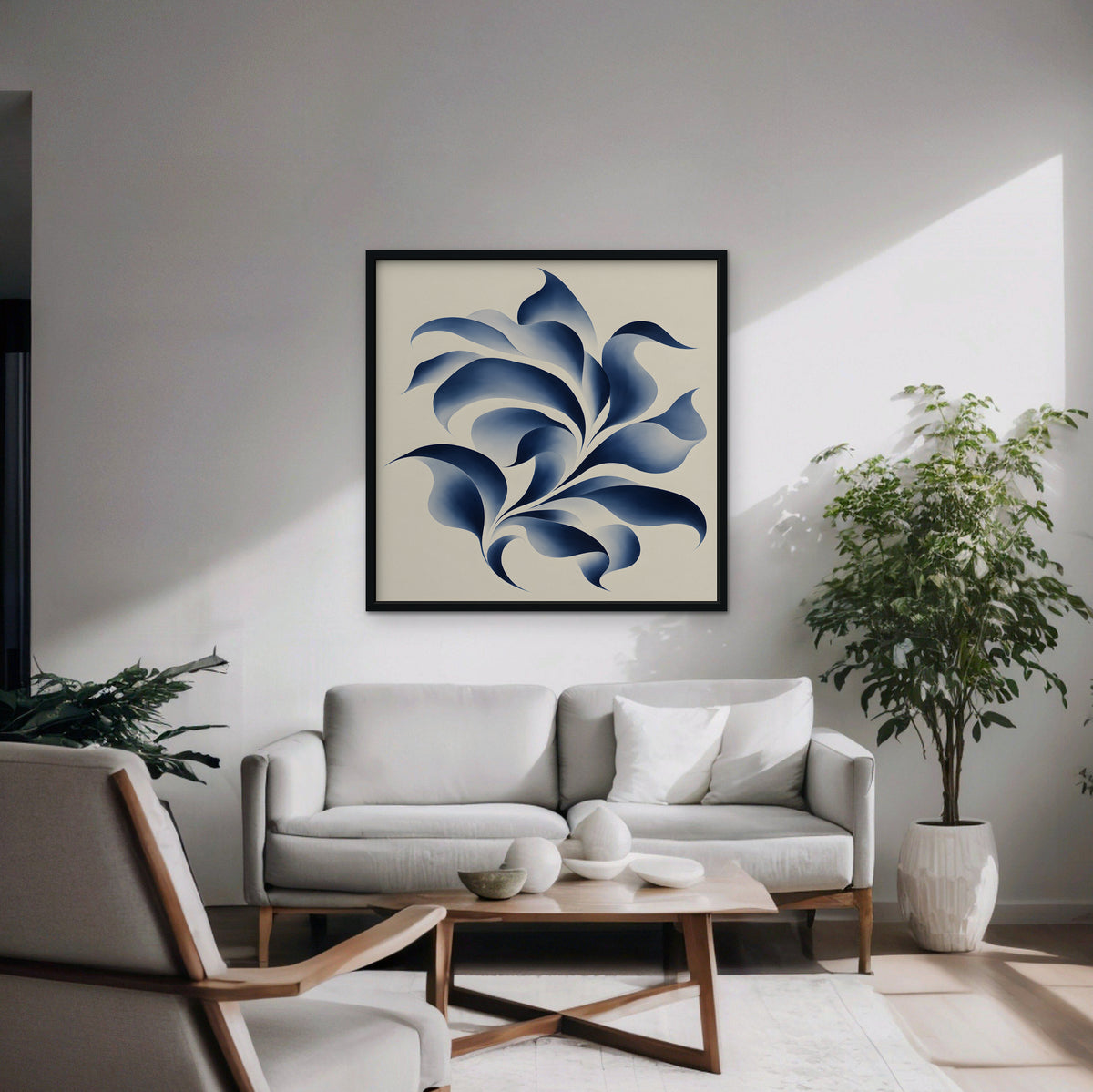 Blue Swirl Leaves Canvas Art - Square – Black Floating Frame in room setting