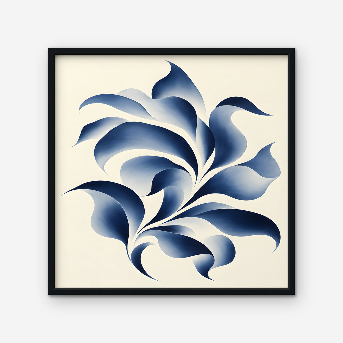 Blue Swirl Leaves Canvas Art - Square – Black Floating Frame on white background