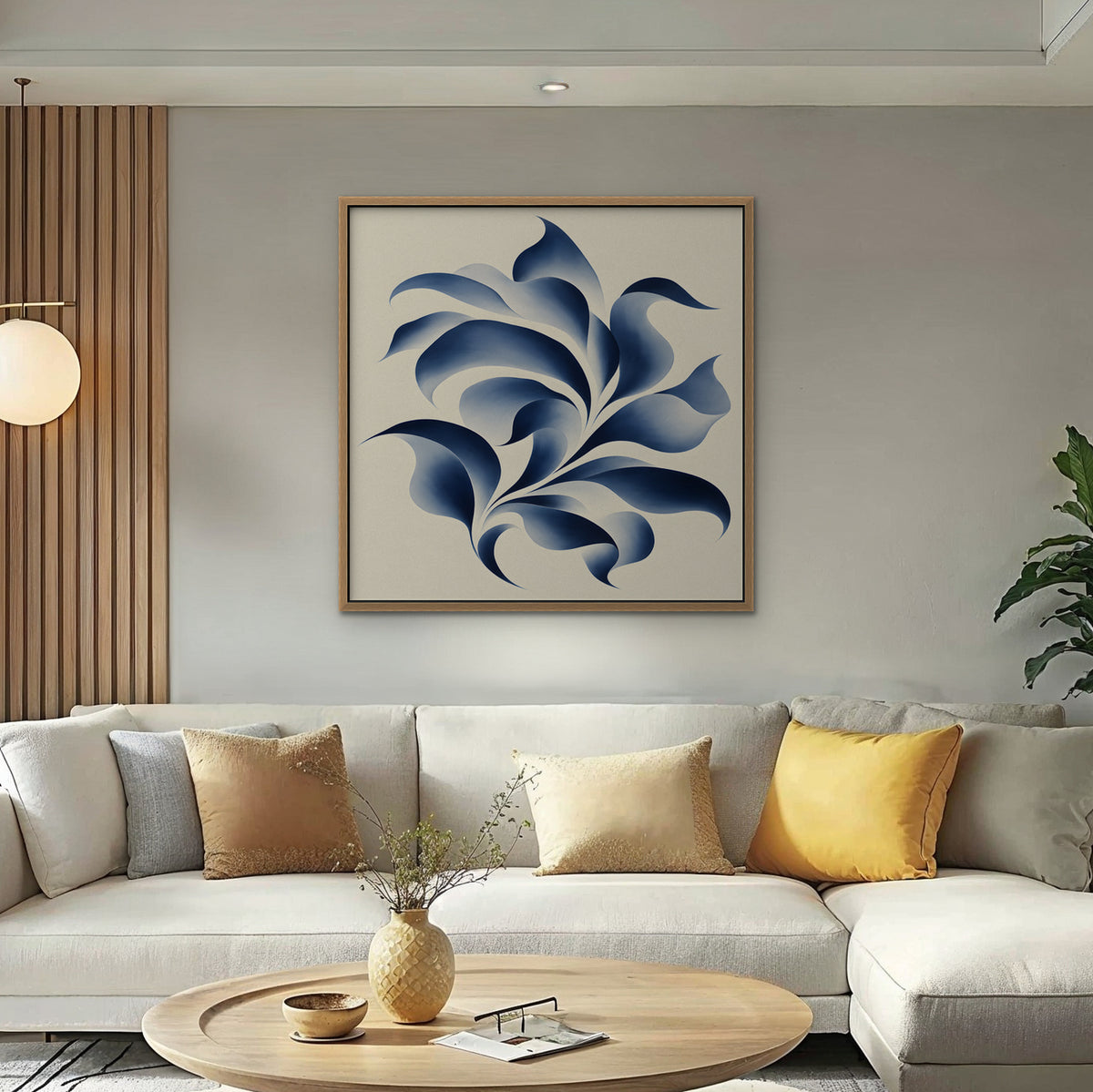 Blue Swirl Leaves Canvas Art - Square – Oak Floating Frame in room setting