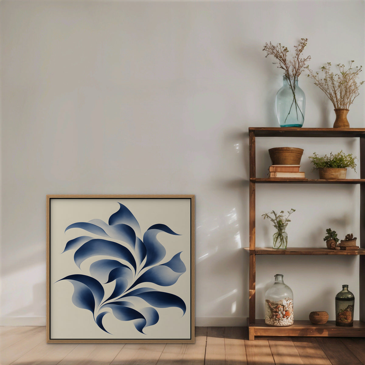 Blue Swirl Leaves Canvas Art - Square – Oak Floating Frame in room setting