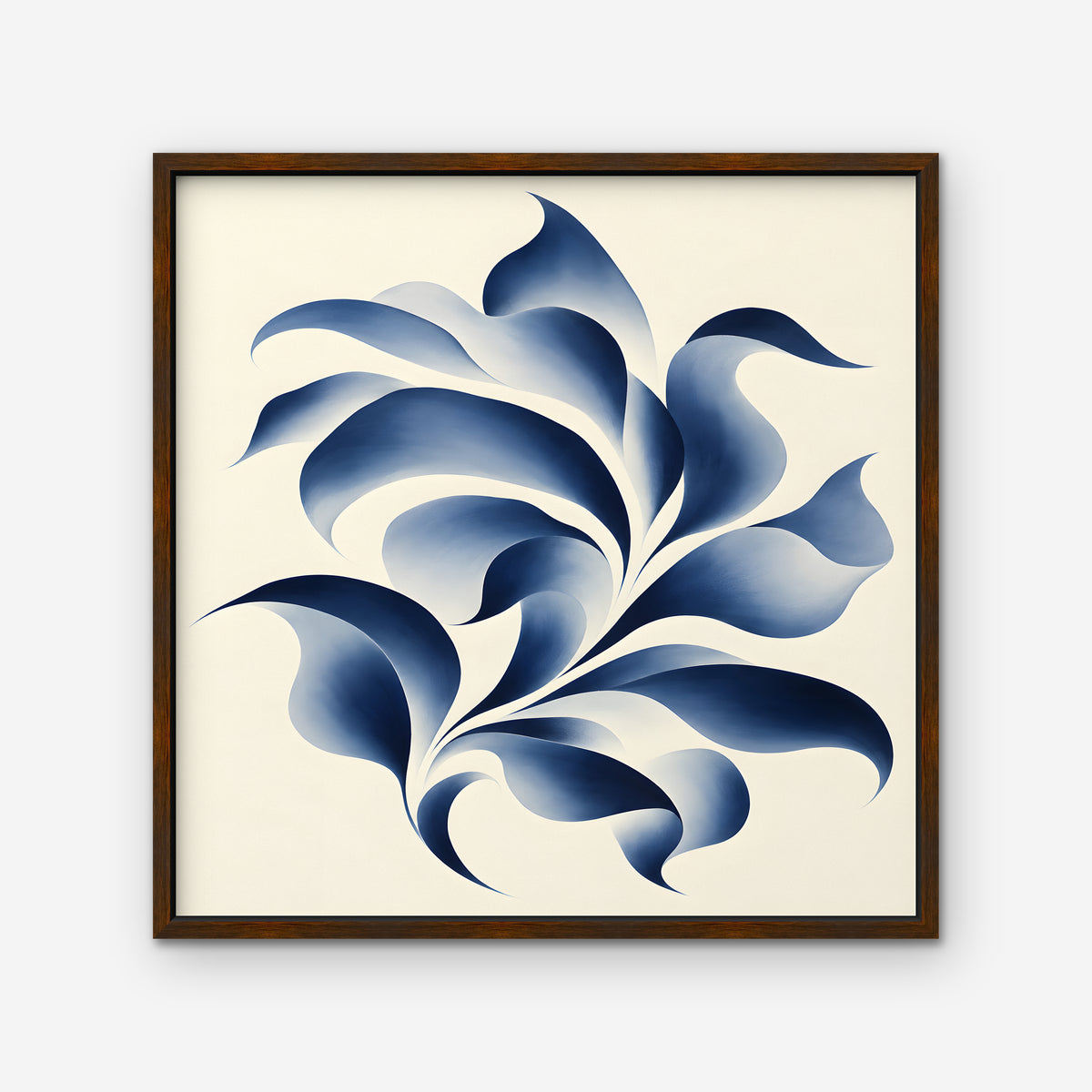 Blue Swirl Leaves Canvas Art - Square – Walnut Floating Frame on white background