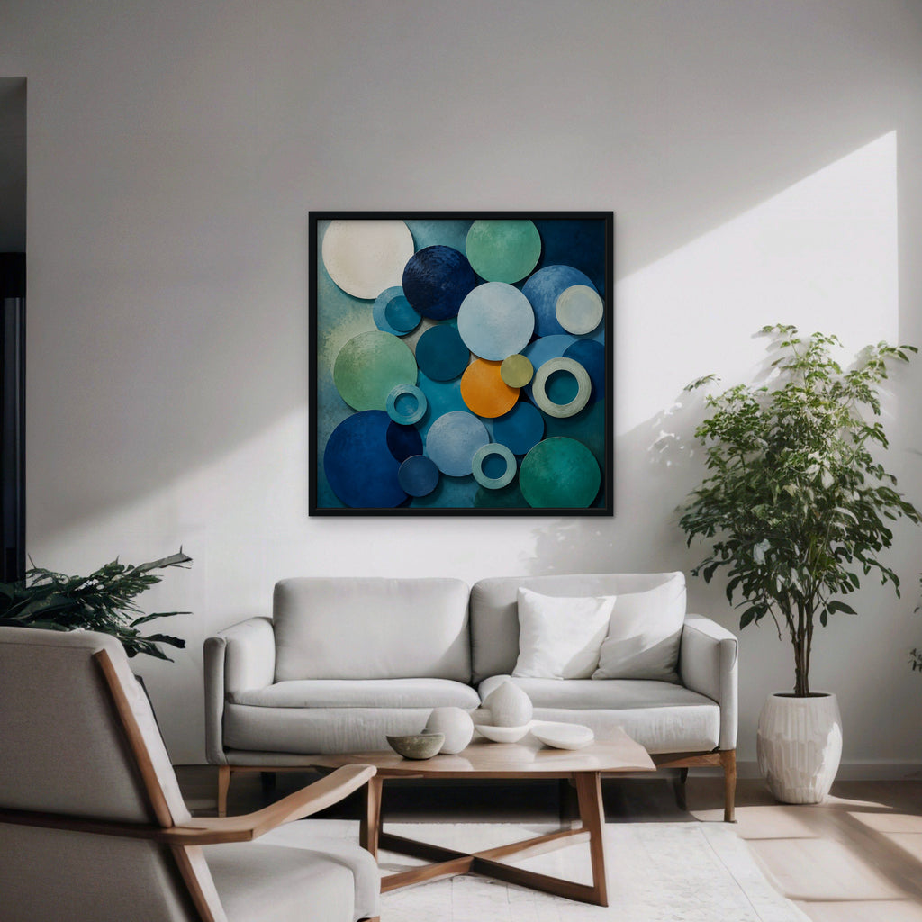 Blue Textured Circles Canvas Art – square blue and teal geometric abstract print in a black floating frame in a modern living room