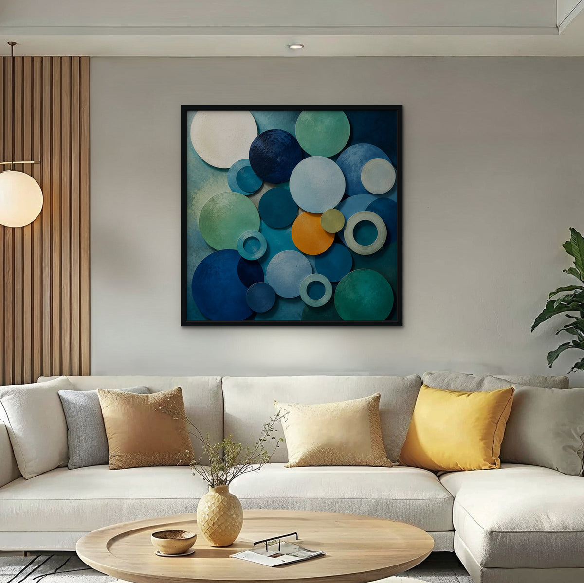 Blue Textured Circles Canvas Art – square blue and teal geometric abstract print in a black floating frame in a bright living room