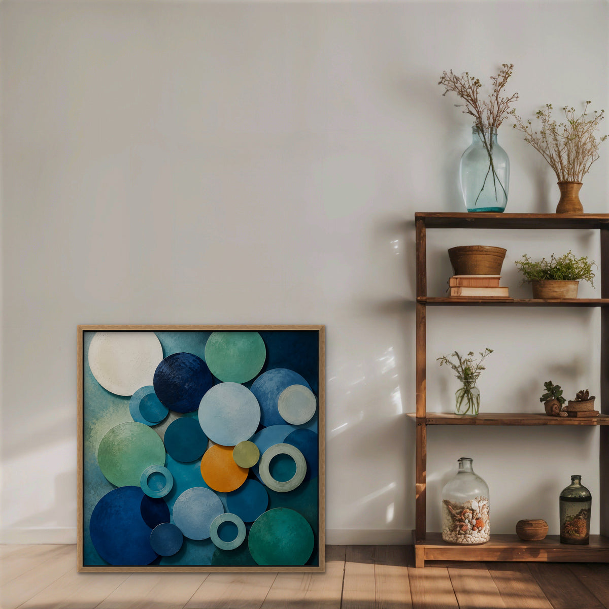 Blue Textured Circles Canvas Art – square blue and teal geometric abstract print in an oak floating frame styled on a shelf