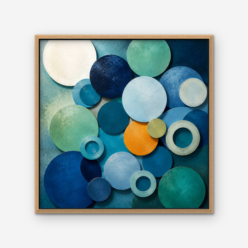 Blue Textured Circles Canvas Art – square blue and teal geometric abstract print in an oak floating frame on a white background