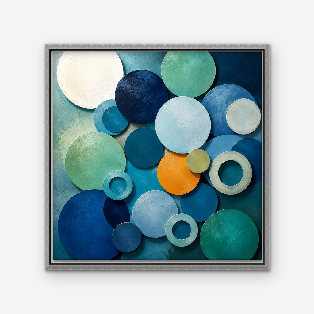 Blue Textured Circles Canvas Art - Square – Silver Floating Frame on white background
