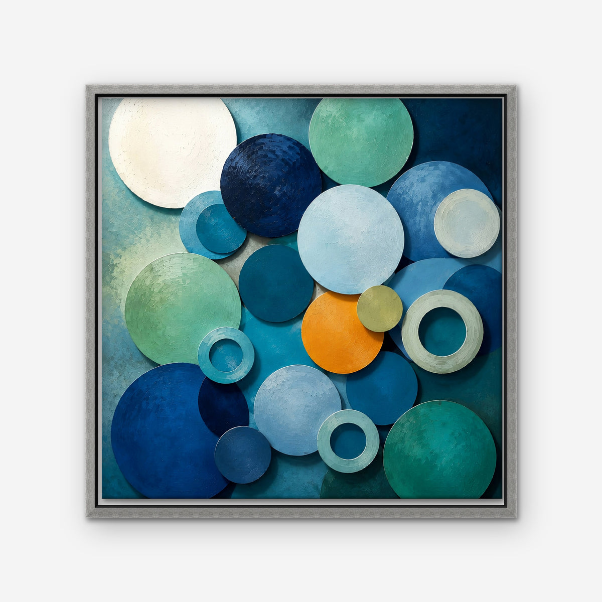 Blue Textured Circles Canvas Art - Square – Silver Floating Frame on white background