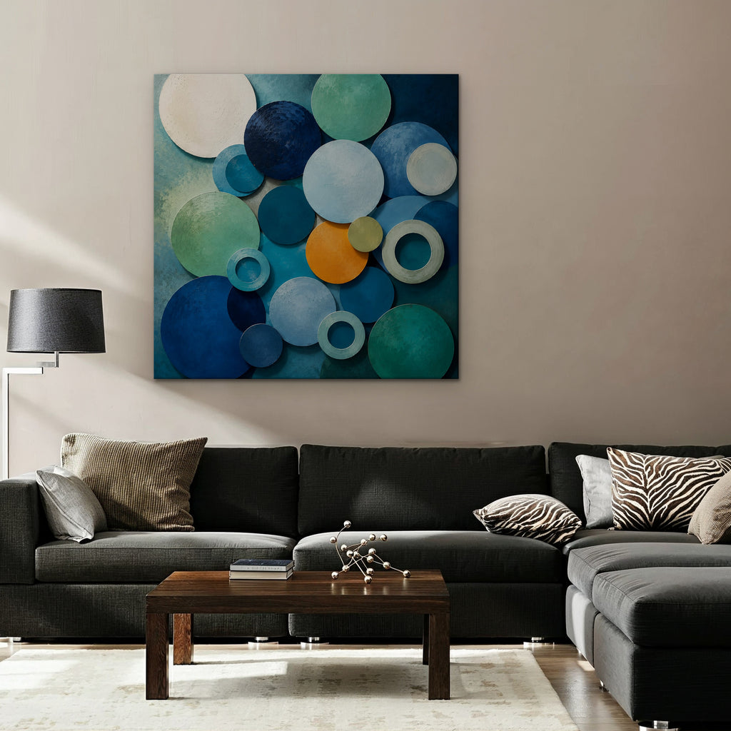 Blue Textured Circles Canvas Art – square blue and teal geometric abstract print as a gallery-wrapped canvas in a taupe living room