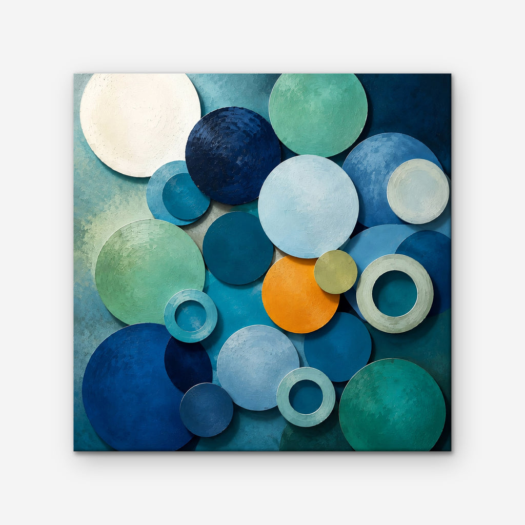 Blue Textured Circles Canvas Art – square blue and teal geometric abstract print as a gallery-wrapped canvas on a white background