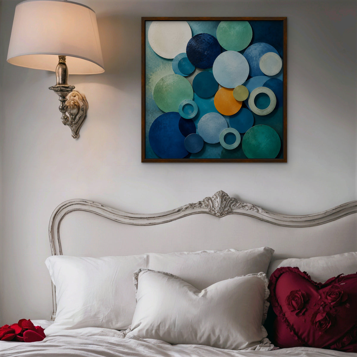 Blue Textured Circles Canvas Art – square blue and teal geometric abstract print in a walnut floating frame in a bedroom